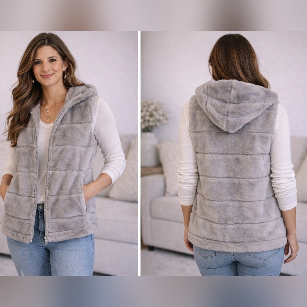 Gray Faux Fur Hooded Long Vest – One Size